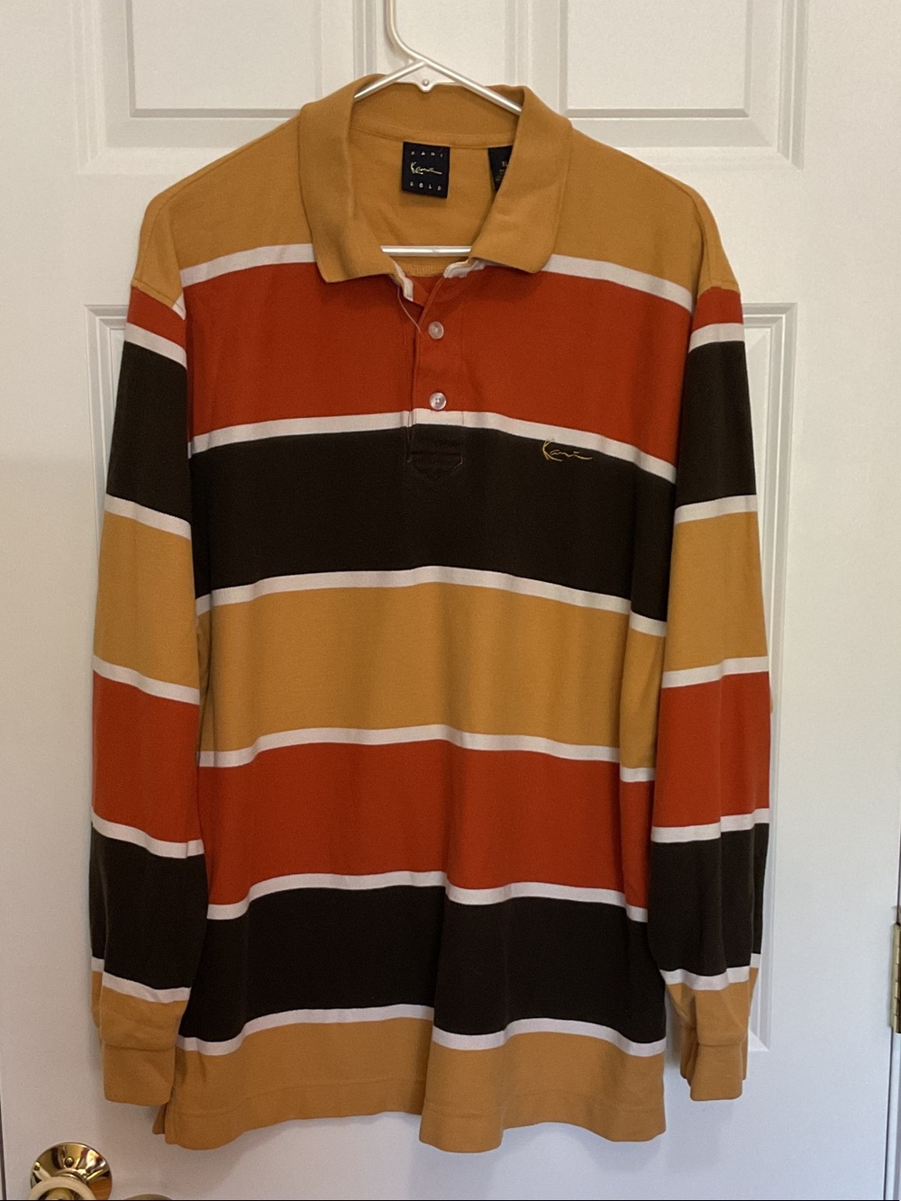 Karl Kani Vintage Striped Polo in Mustard, Rust & Dark Brown